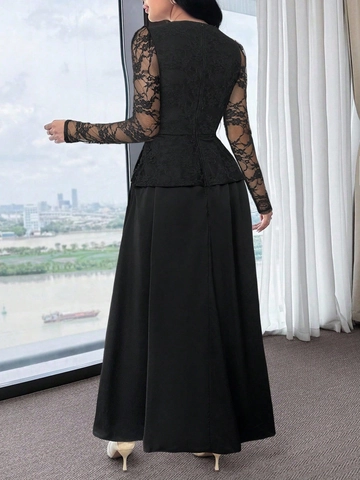 Elegant Women's Black Lace Patchwork Long Sleeve Midi Dress Slim Fit Round Neck A-Line Dress For Banquet Office Party