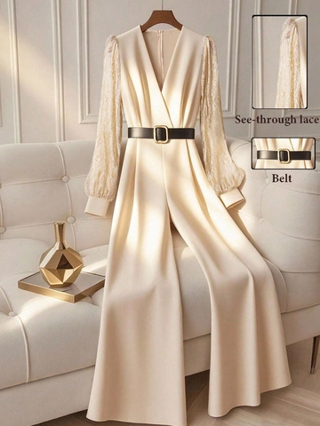 Mono de Mujer Elegante con Empalme de Encaje Manga Larga Cuello en V Pata Ancha Con Cinturón Mono de Poliéster de Color Sólido para Citas Fiesta