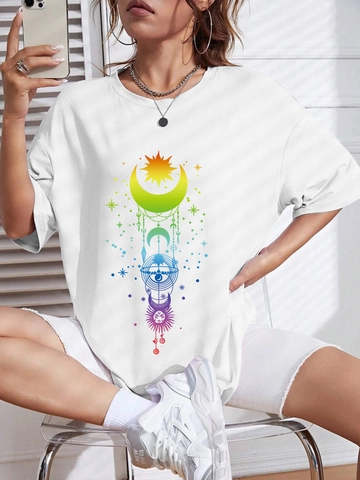 Women Oversized T-Shirt Rainbow Celestial Print Round Neck Short Sleeve Boho Sun Moon Graphic Brushed Milk Silk Casual Top