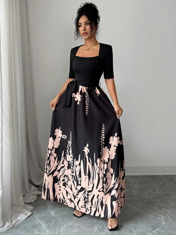 Elegant Square Neck Mid Sleeve Maxi Dress For Women Floral Print Patchwork A-Line Tie Waist Evening Party Long Dress
