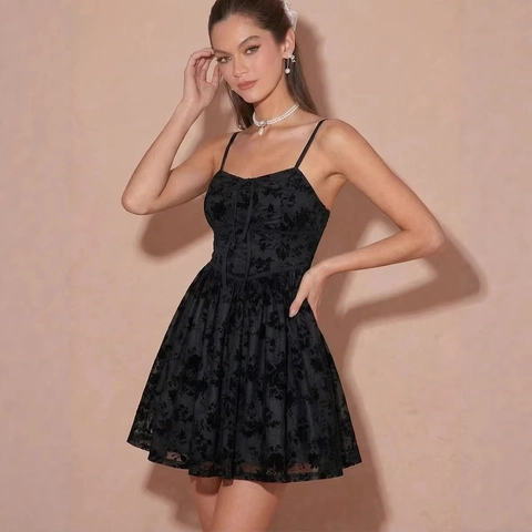 Elegant Black Floral Jacquard Strap Dress Vintage Bow Gothic Corset A-Line Mini Dress For Party Banquet Women Fashion