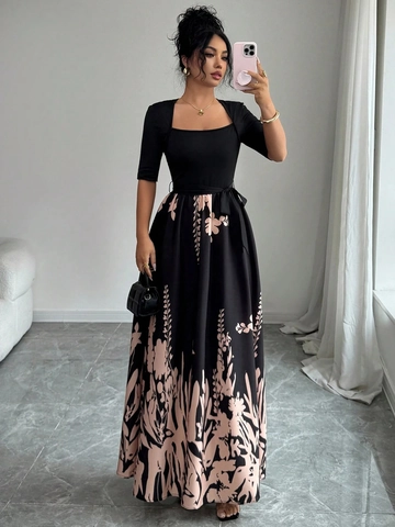 Elegant Square Neck Mid Sleeve Maxi Dress For Women Floral Print Patchwork A-Line Tie Waist Evening Party Long Dress