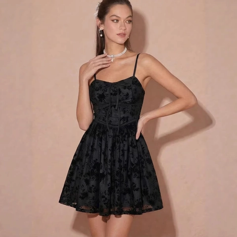 Elegant Black Floral Jacquard Strap Dress Vintage Bow Gothic Corset A-Line Mini Dress For Party Banquet Women Fashion