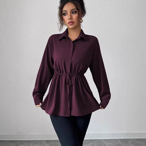 Camicetta da Donna alla Moda Viola Scuro a Maniche Lunghe con Coulisse in Vita Colletto Rovesciato Elegante Top Casual da Ufficio