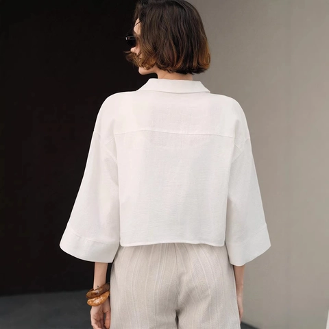 Women Casual White Cotton Shirt Short Sleeve Button Down Blouse Crop Top Boxy Fit Turn Down Collar OL Office Wear