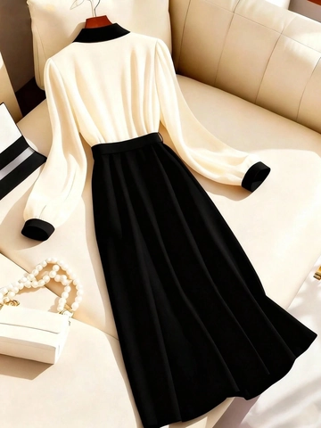 Vestido de Camisa Elegante para Mujer con Bloques de Color Manga Larga Solapa de Contraste Maxi Línea A Plisado Vestido de Oficina de Fiesta Con Cinturón