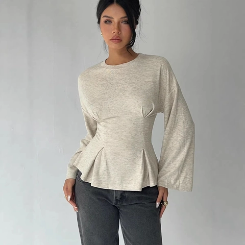Blusa Elegante para Mujer Peplum con Cintura Recogida Cuello Redondo Manga Campana Larga Mezcla Poliéster Color Sólido Corte Ajustado Casual
