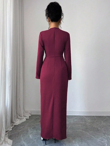 Women Elegant Wine Red V-Neck Long Sleeve Bodycon Maxi Dress With Waist Pleats Metal Buckle Side Slit Evening Party Dress