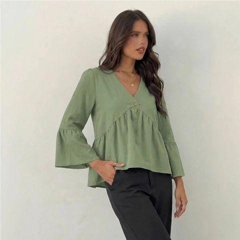 Blusa Peplum Vintage con Cuello en V y Manga Acampanada Mujer Elegante Color Sólido Poliéster Camisa Top Verde Aguacate