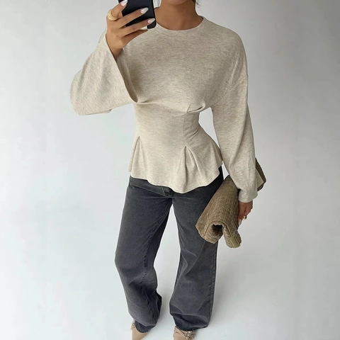Blusa Elegante para Mujer Peplum con Cintura Recogida Cuello Redondo Manga Campana Larga Mezcla Poliéster Color Sólido Corte Ajustado Casual