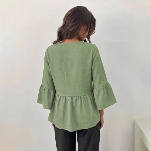 Blusa Peplum Vintage con Cuello en V y Manga Acampanada Mujer Elegante Color Sólido Poliéster Camisa Top Verde Aguacate