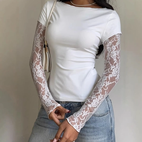 Maglietta a Maniche Lunghe Sexy Bianca con Patchwork in Pizzo da Donna Slim Fit Girocollo Top in Maglia Elegante
