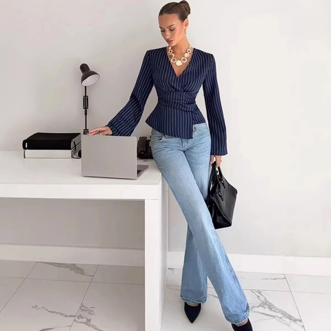 Women Striped V Neck Wrap Blouse Long Flared Sleeve Peplum Top Elegant Office Commuter Shirt Navy Blue White Stripes