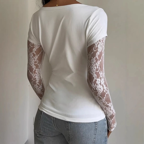 Maglietta a Maniche Lunghe Sexy Bianca con Patchwork in Pizzo da Donna Slim Fit Girocollo Top in Maglia Elegante