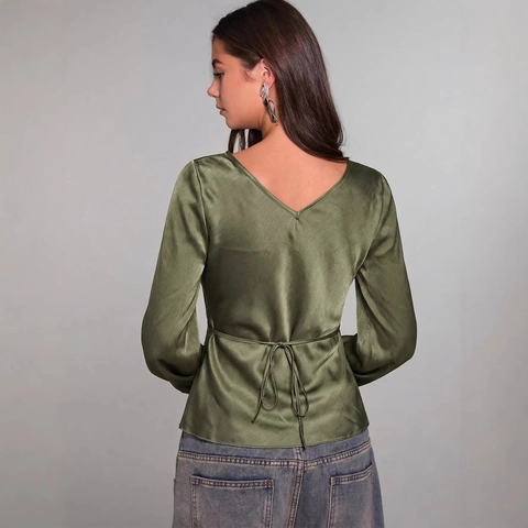 Elegante Blusa de Satén con Cuello en V para Mujer Color Sólido Manga Campana Lazada Frontal Ajuste Ceñido Blusa Camisa Jersey Top
