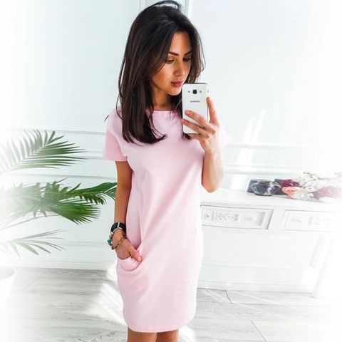 Damen Casual Kurzarm A-Linien Minikleid Rundhalsausschnitt Einfarbig Polyester Acryl Kleid Mit Taschen Elegant Alltagskleidung