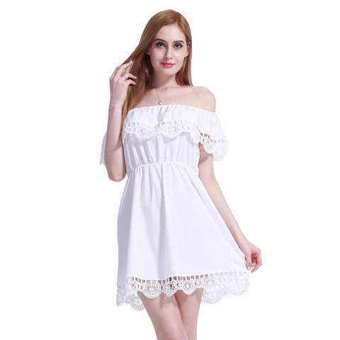 Vestido Sexy Hombros Descubiertos Mujer Color Sólido Encaje Verano Cintura Elástica Playa Vestido Mini Elegante Acampanado