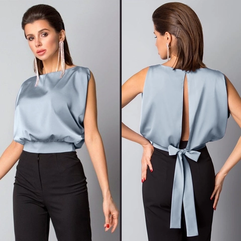 Top Sin Mangas de Satén Sexy con Espalda Descubierta Cuello Redondo Color Sólido Lazo Elegante Blusa de Fiesta Informal