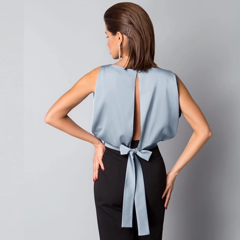 Top Sin Mangas de Satén Sexy con Espalda Descubierta Cuello Redondo Color Sólido Lazo Elegante Blusa de Fiesta Informal