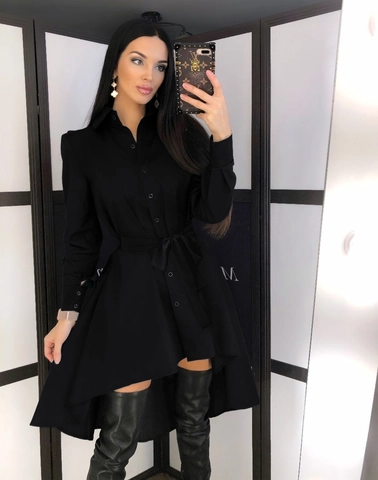 Abito a Camicia Nero Elegante Stile Francese da Donna Orlo Irregolare Manica Lunga Revers Monopetto Vita Alta Abito Midi Con Cintura
