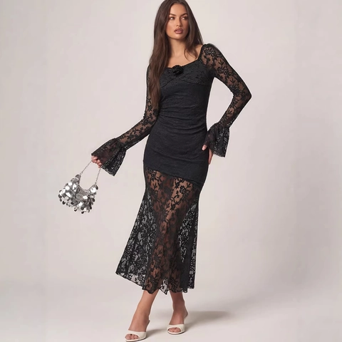 Elegant Women Black Lace Long Sleeve Dress Square Neck Flare Sleeve Bodycon Maxi Dress With 3D Floral Decoration For Party