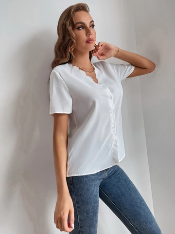 Camisa Elegante Cuello V Borde Festoneado Manga Corta Mujer Look Gasa Color Sólido Blusa Casual Conmutar Oficina Top