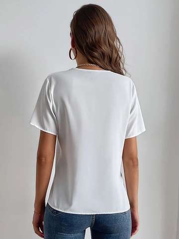 Camisa Elegante Cuello V Borde Festoneado Manga Corta Mujer Look Gasa Color Sólido Blusa Casual Conmutar Oficina Top