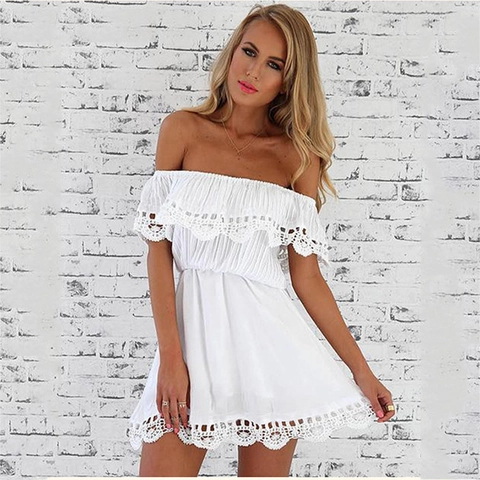 Women's Off-the-Shoulder Mini Dress Elegant Lace Trim Ruffle Solid Color Short Sleeve Summer Vacation Sundress