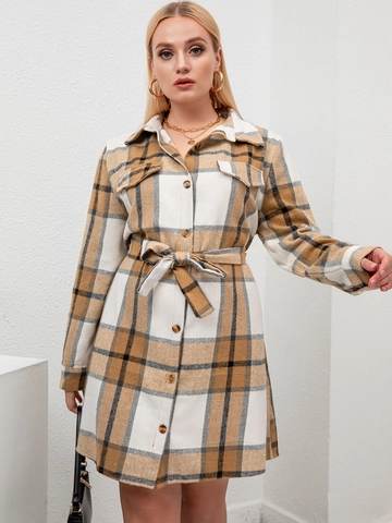 Women Plus Size Plaid Shirt Dress Autumn Winter Long Sleeve Lapel Button Down Belted Midi Dress Checkered Pocket Tunic