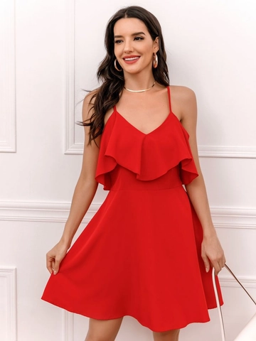 Vestido Cami Sexy para Mujer con Cuello en V y Volantes Espalda Descubierta Color Sólido Línea A Mini Vestido de Fiesta Rojo