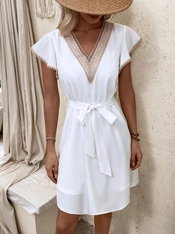 Women V Neck Lace Patchwork Short Sleeve Mini Dress Elegant Solid Color Ruffle A Line Summer Dress With Tie Waist For Vacation