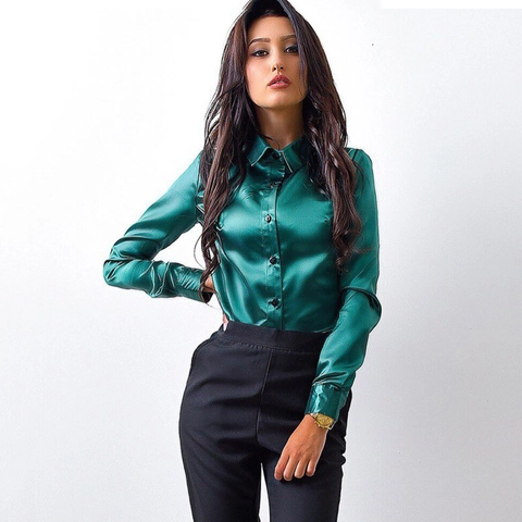 Blusa Elegante de Satén de Manga Larga para Mujer Color Sólido Solapa Botones Oficina Conmutador Camisa Top de Satén