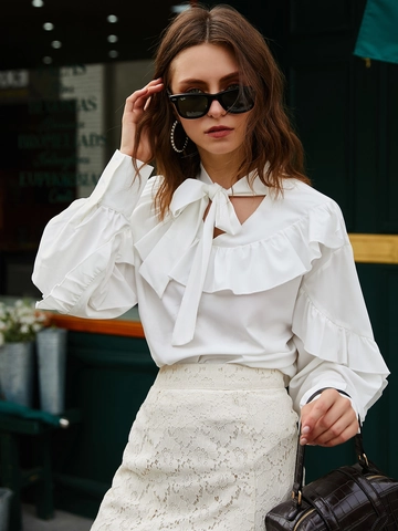 Elegante Blusa de Mujer Con Volantes y Lazo Color Sólido Manga Larga Camisa de Poliéster Suelta Top de Oficina