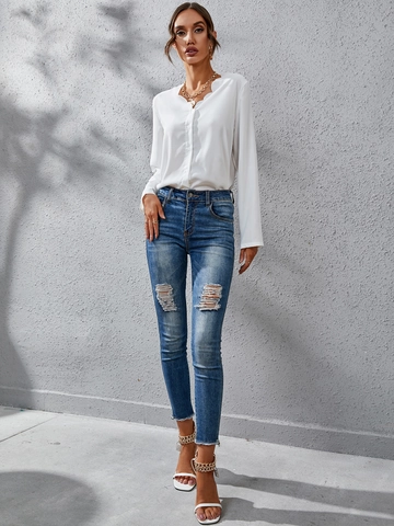 Dames Elegante Witte Blouse Lange Mouw V-hals Met Schulpstrand Chiffon Top Casual Kantoor Effen Kleur Overhemd