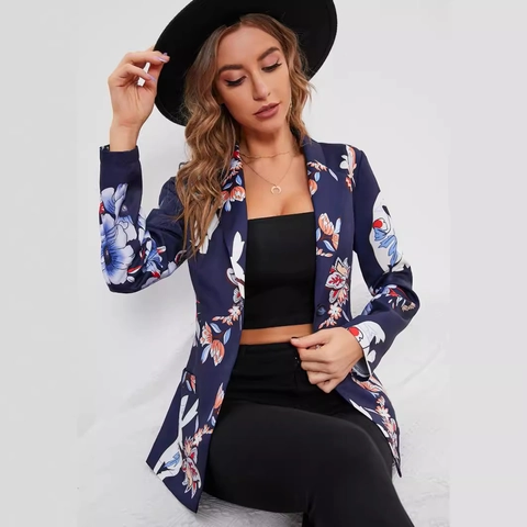 Women Floral Print Slim Fit Blazer Notch Lapel Long Sleeve Suit Jacket Elegant Office Party Fashion Outwear Coat