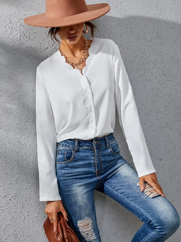 Dames Elegante Witte Blouse Lange Mouw V-hals Met Schulpstrand Chiffon Top Casual Kantoor Effen Kleur Overhemd