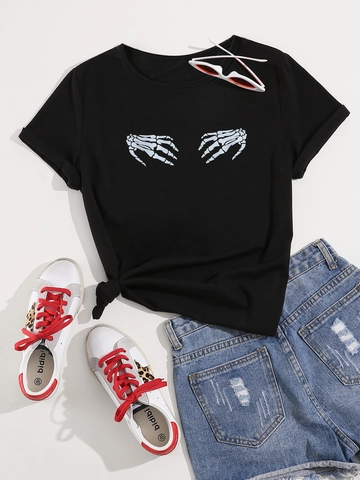 Dames Gothic Skelet Handen Print T-Shirt Ronde Hals Korte Mouw Zwart Katoenmix Casual Street Style Top Voor Zomer