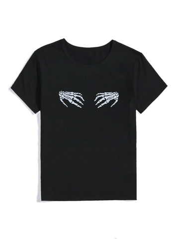 Dames Gothic Skelet Handen Print T-Shirt Ronde Hals Korte Mouw Zwart Katoenmix Casual Street Style Top Voor Zomer