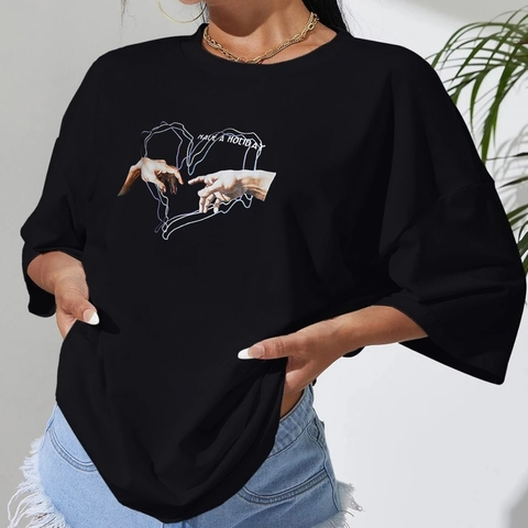 Women Casual Oversized Black T-Shirt Fashion Heart Hand Art Print Short Sleeve Cotton Blend Round Neck Dropped Shoulder Top