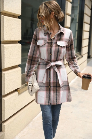 Women Plaid Long Sleeve Shirt Jacket With Belt Single Breasted Chest Pockets Fashion Elegant Autumn Winter Shacket Top