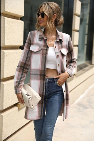 Women Plaid Long Sleeve Shirt Jacket With Belt Single Breasted Chest Pockets Fashion Elegant Autumn Winter Shacket Top