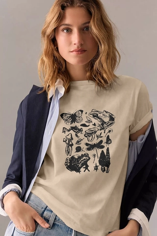 Γυναικείο T-Shirt Χακί Πεταλούδα Βοτανικό Σχέδιο Στρογγυλή Λαιμόκοψη Κοντό Μανίκι Μείγμα Βαμβακιού Vintage Τοπ