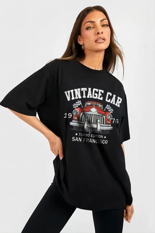 Damen Casual Baumwollmischung Schwarz T-Shirt Vintage Rotes Auto Grafikdruck Oversized Locker Kurzarm Rundhals Streetwear Top