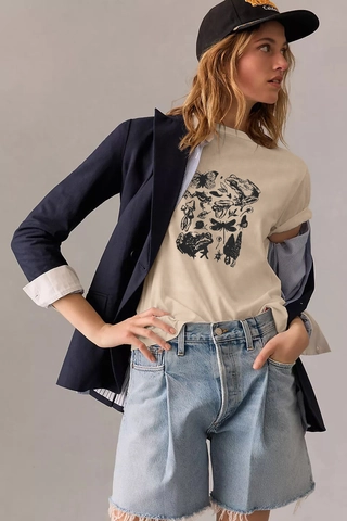 Γυναικείο T-Shirt Χακί Πεταλούδα Βοτανικό Σχέδιο Στρογγυλή Λαιμόκοψη Κοντό Μανίκι Μείγμα Βαμβακιού Vintage Τοπ