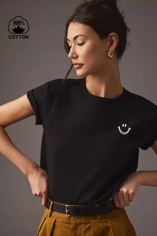 Damen Casual 100% Baumwolle Smiley Print Kurzarm T-Shirt Rundhals Basic Sommer Top Für Frauen Damen
