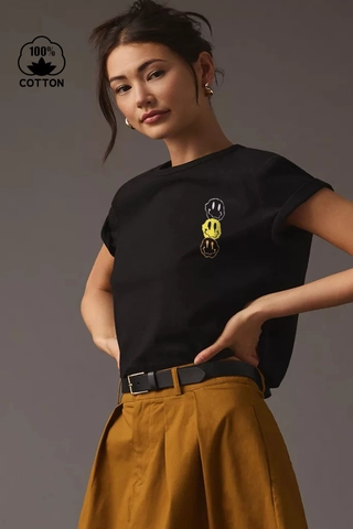 Damen 100% Baumwolle Rundhalsausschnitt Kurzarm T-Shirt Mode Schmelzendes Smiley-Gesicht Grafikdruck Casual Sommer Top