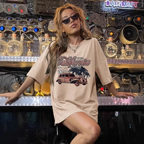 Maglietta da Donna Oversize Vintage con Stampa Auto California Girocollo Manica Corta in Misto Cotone Streetwear Casual