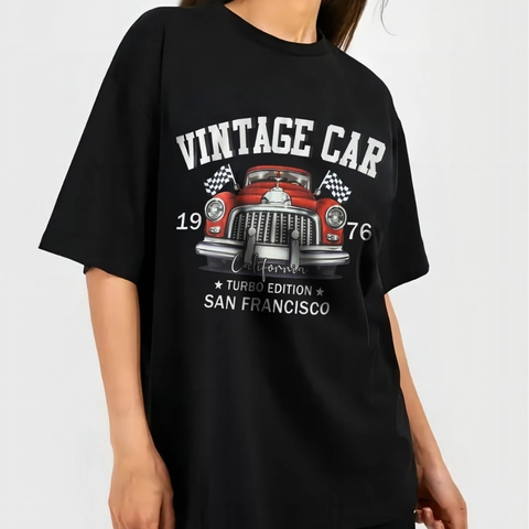 Damen Casual Baumwollmischung Schwarz T-Shirt Vintage Rotes Auto Grafikdruck Oversized Locker Kurzarm Rundhals Streetwear Top