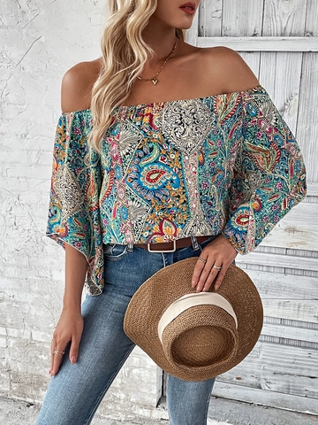 Women Bohemian Off-The-Shoulder Top Paisley Print Ethnic Style V-Neck Short Sleeve Casual Loose Summer Vacation Blouse