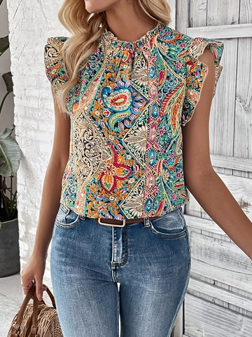 Haut Vintage Ethnique Imprimé Paisley à Volants pour Femmes Bohème Été Manches Papillon Chemisier Pullover Décontracté